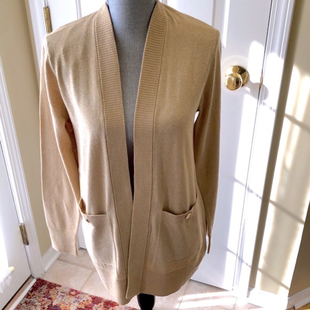 New Michael Kors gold sparkle cardigan sweater. Size S. Front pockets w/buttons.